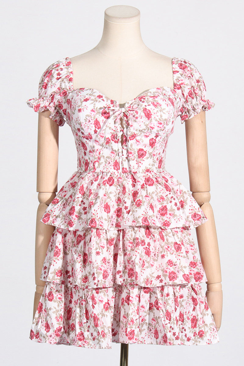 Off the Shoulder Pink Floral Print Tiered Short Dress