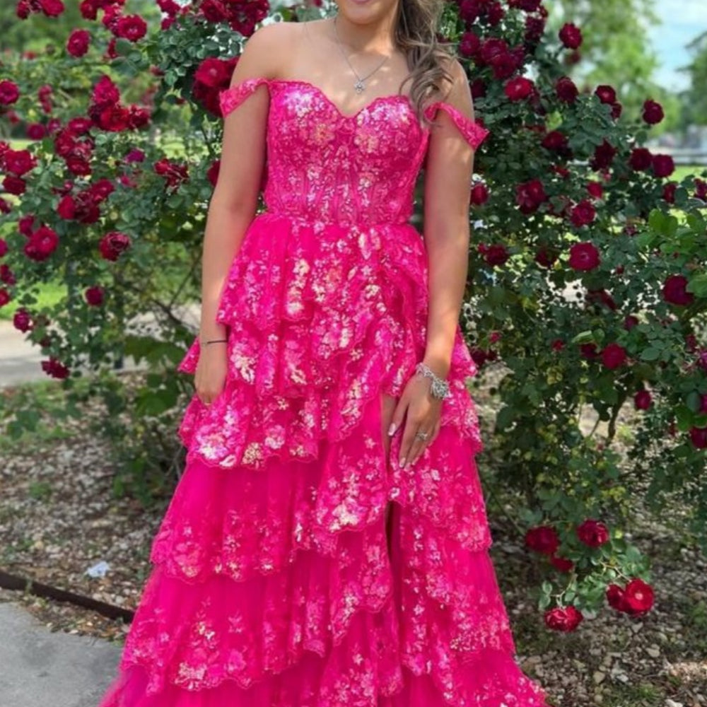
                      
                        Off the Shoulder Lavender Ruffles Sequin Long Dress
                      
                    