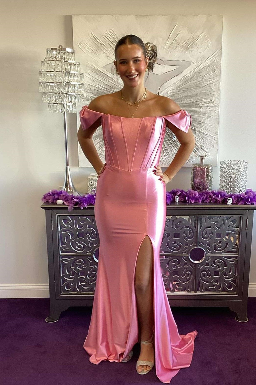 Off the Shoulder Pink Mermaid Long Dress with Slit