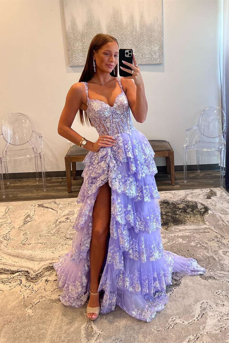 Off the Shoulder Lavender Ruffles Sequin Long Dress