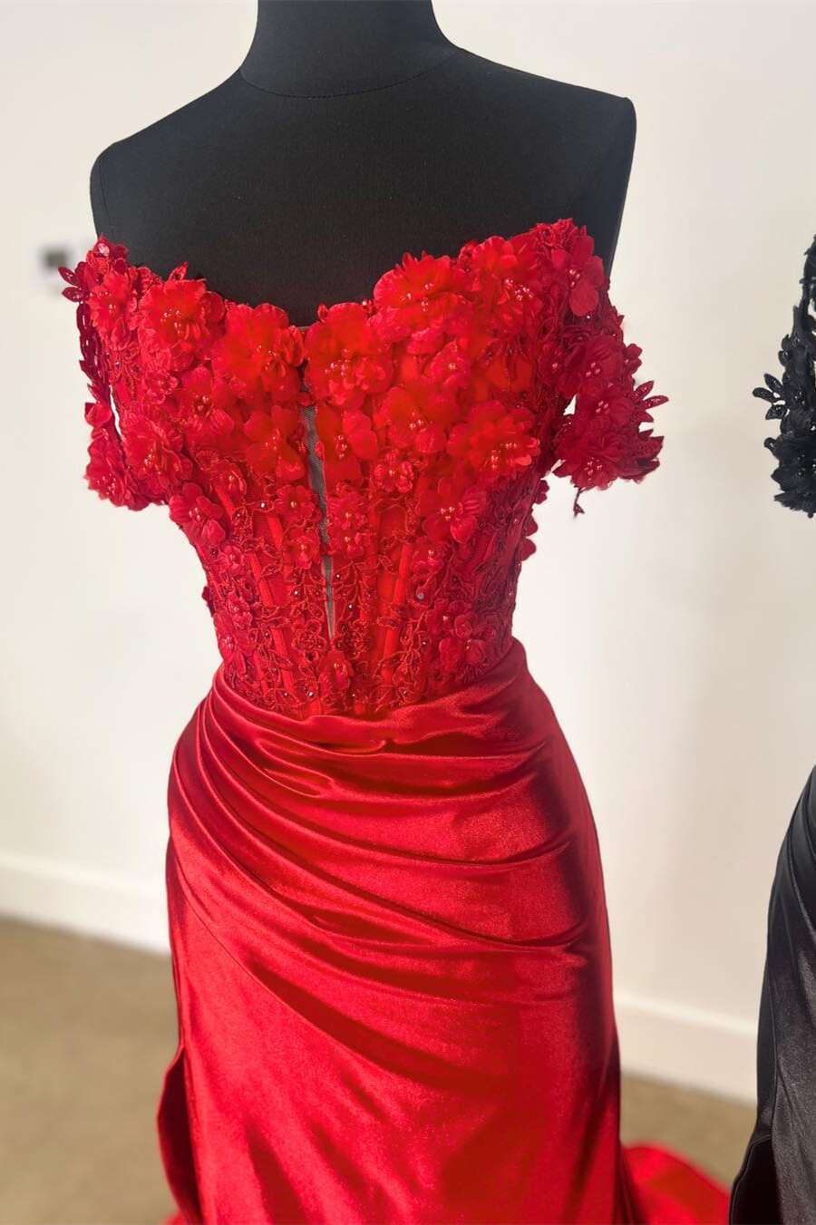 Off the Shoulder Red 3D Floral Long Dress with Slit