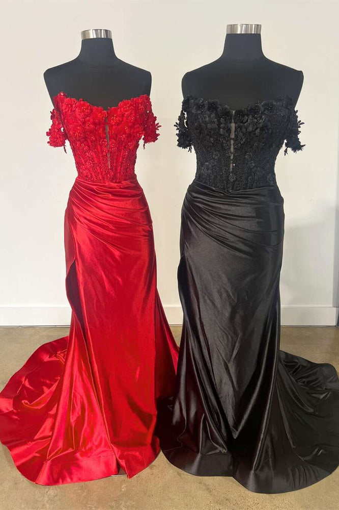 
                      
                        Off the Shoulder Red 3D Floral Long Dress with Slit
                      
                    