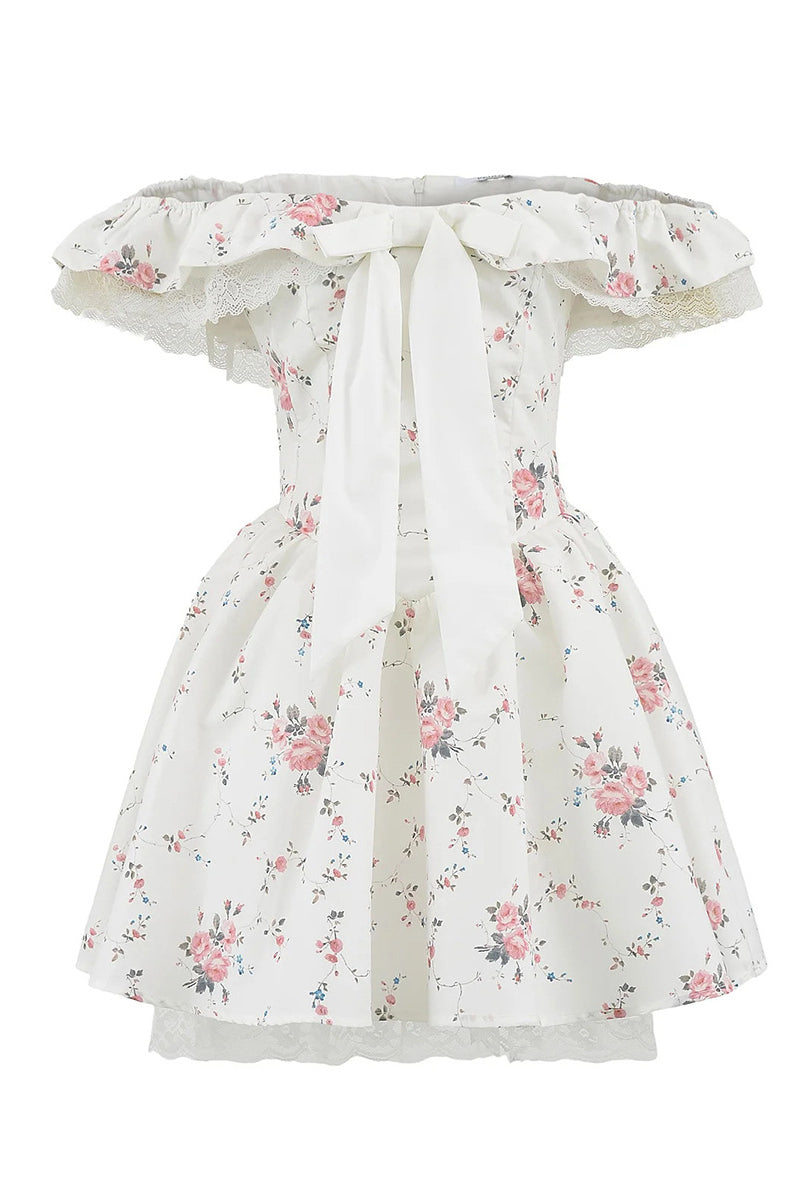 Off the Shoulder White Floral Print Short Dress with Bow