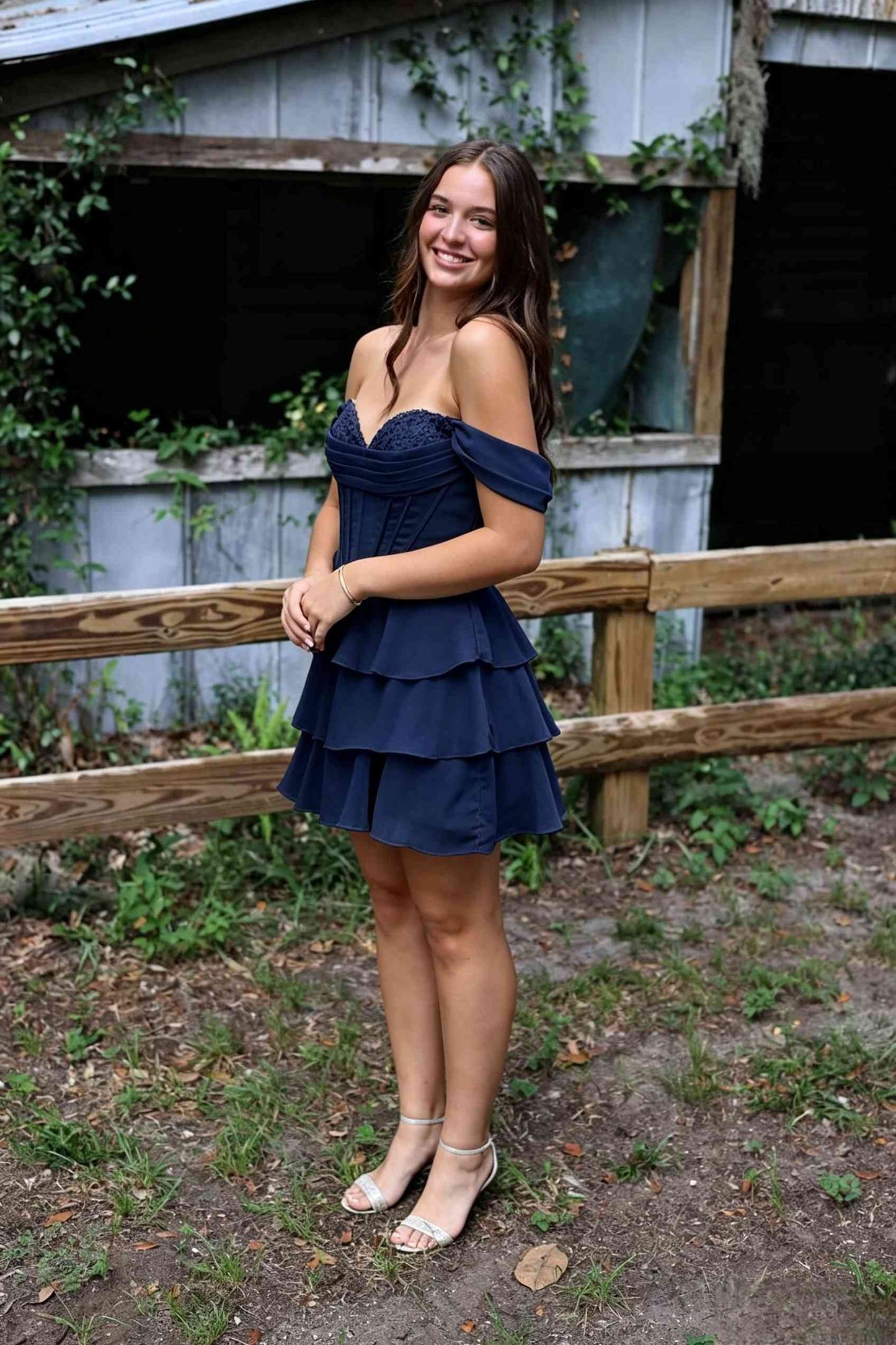 Off the Shoulder Yellow Appliques Tiered Short Dress