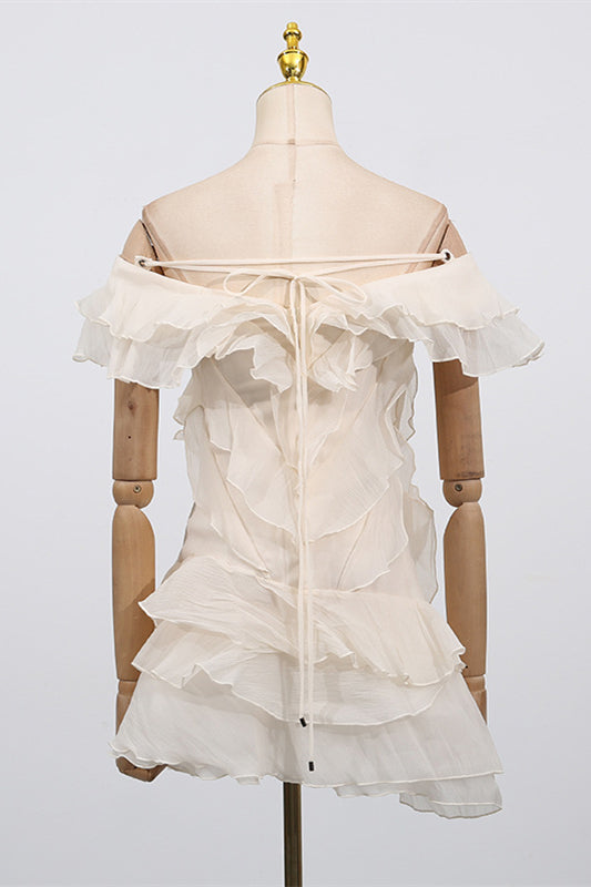
                      
                        Off the Shoulder Apricot Ruffled Hem Short Dress
                      
                    
