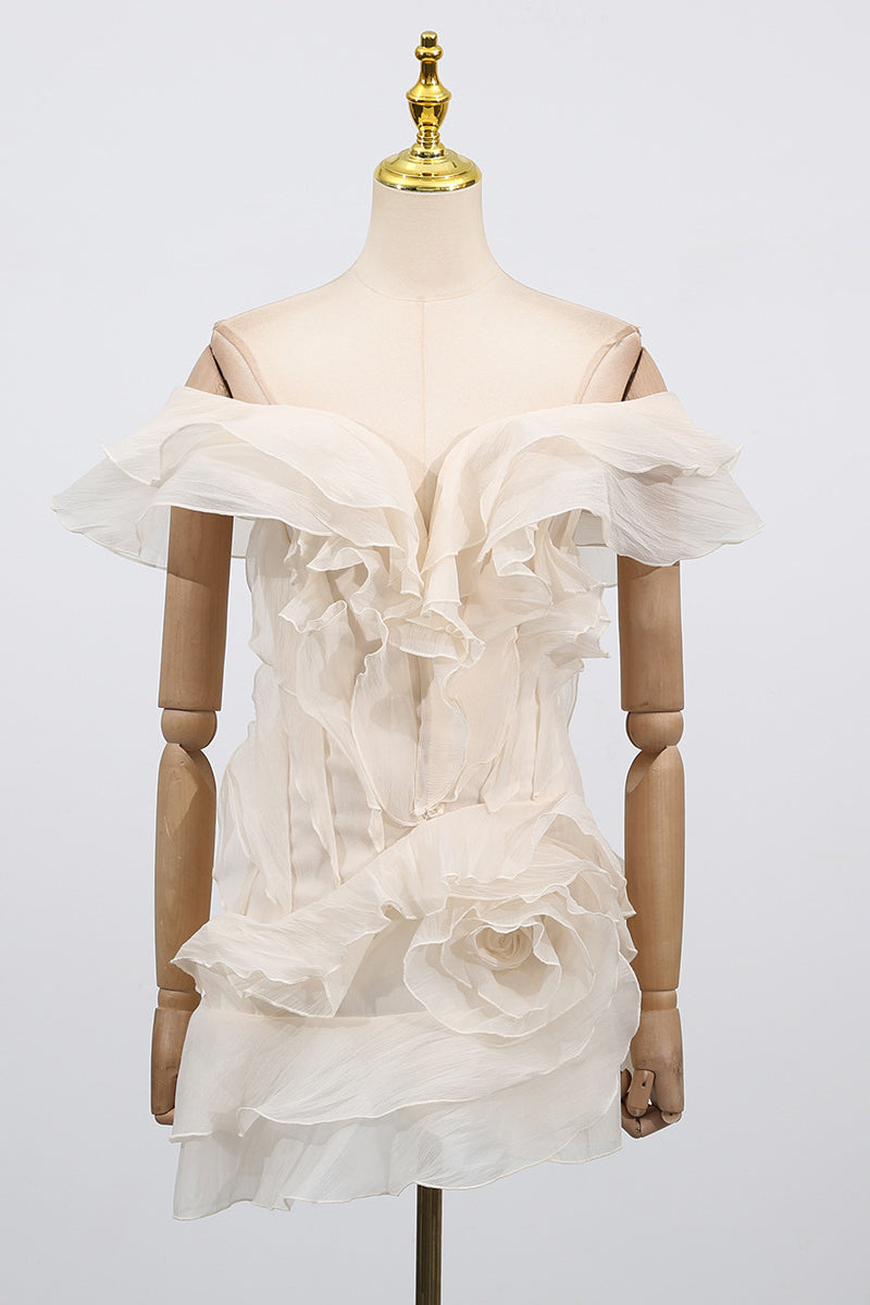 Off the Shoulder Apricot Ruffled Hem Short Dress