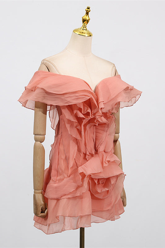 
                      
                        Off the Shoulder Apricot Ruffled Hem Short Dress
                      
                    