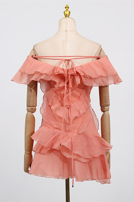 
                      
                        Off the Shoulder Apricot Ruffled Hem Short Dress
                      
                    