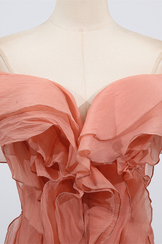 
                      
                        Off the Shoulder Apricot Ruffled Hem Short Dress
                      
                    