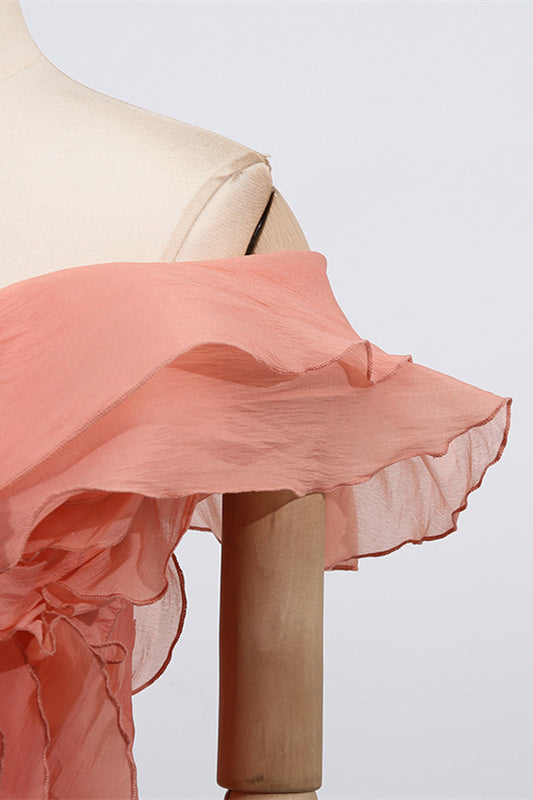 
                      
                        Off the Shoulder Apricot Ruffled Hem Short Dress
                      
                    