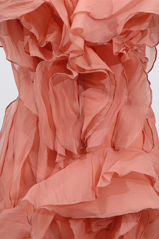 
                      
                        Off the Shoulder Apricot Ruffled Hem Short Dress
                      
                    