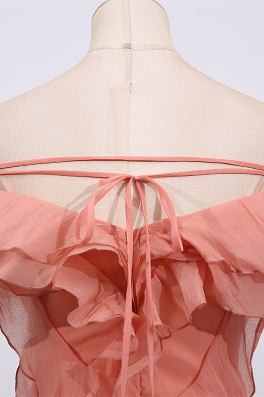
                      
                        Off the Shoulder Apricot Ruffled Hem Short Dress
                      
                    