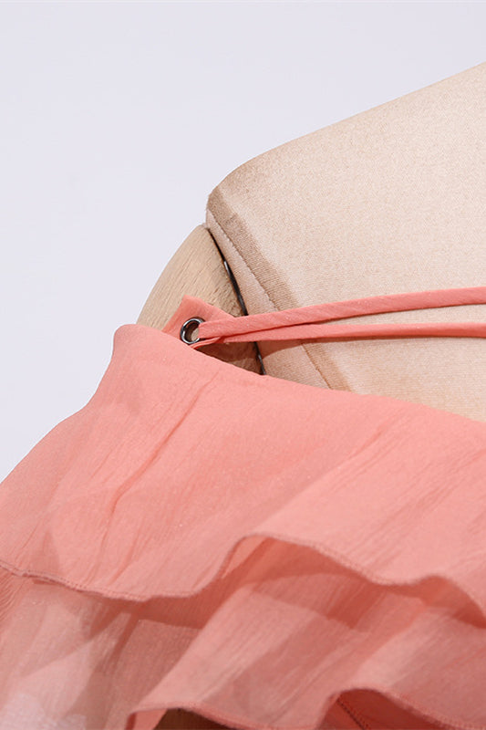 
                      
                        Off the Shoulder Apricot Ruffled Hem Short Dress
                      
                    