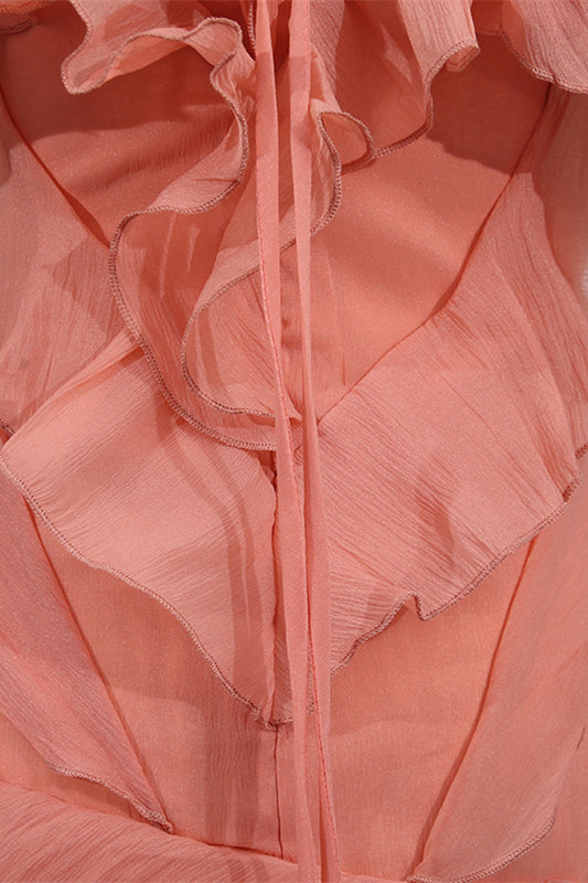 
                      
                        Off the Shoulder Apricot Ruffled Hem Short Dress
                      
                    