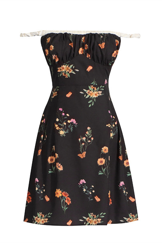 
                      
                        Off the Shoulder Black Floral Print A-line Short Dress
                      
                    