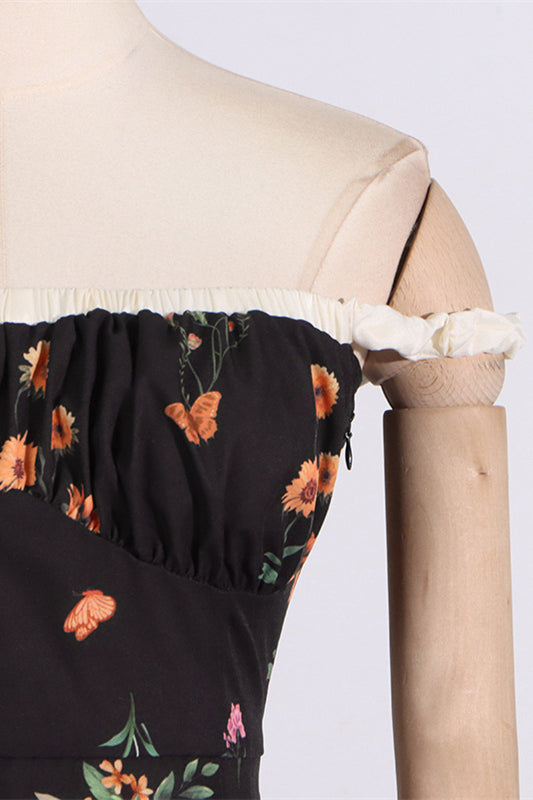 
                      
                        Off the Shoulder Black Floral Print A-line Short Dress
                      
                    