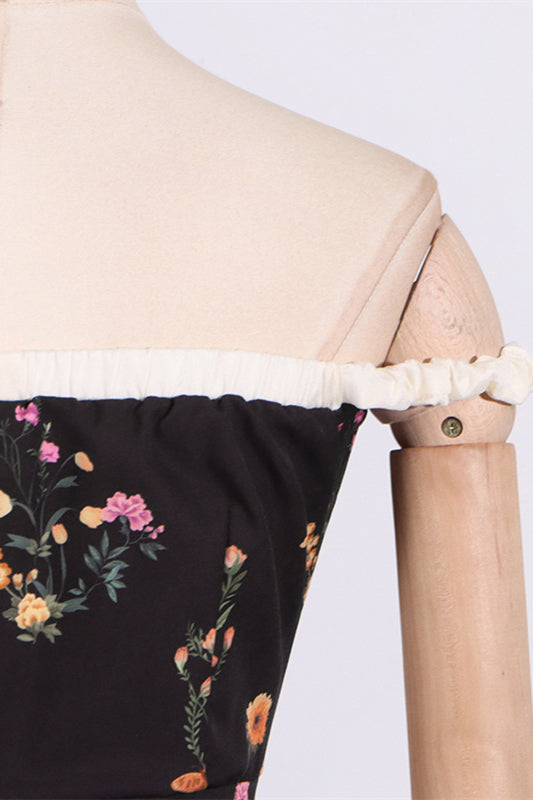 
                      
                        Off the Shoulder Black Floral Print A-line Short Dress
                      
                    