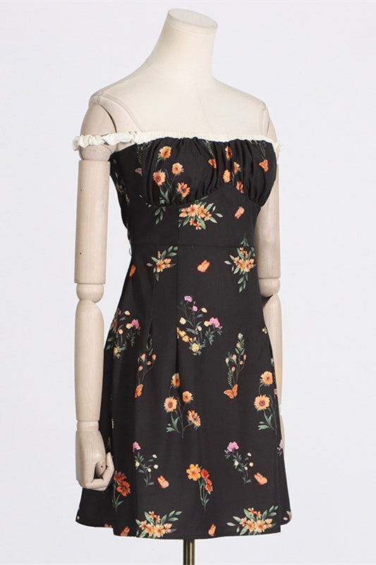 
                      
                        Off the Shoulder Black Floral Print A-line Short Dress
                      
                    