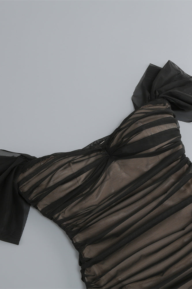 
                      
                        Off the Shoulder Black Ruched Long Dress
                      
                    