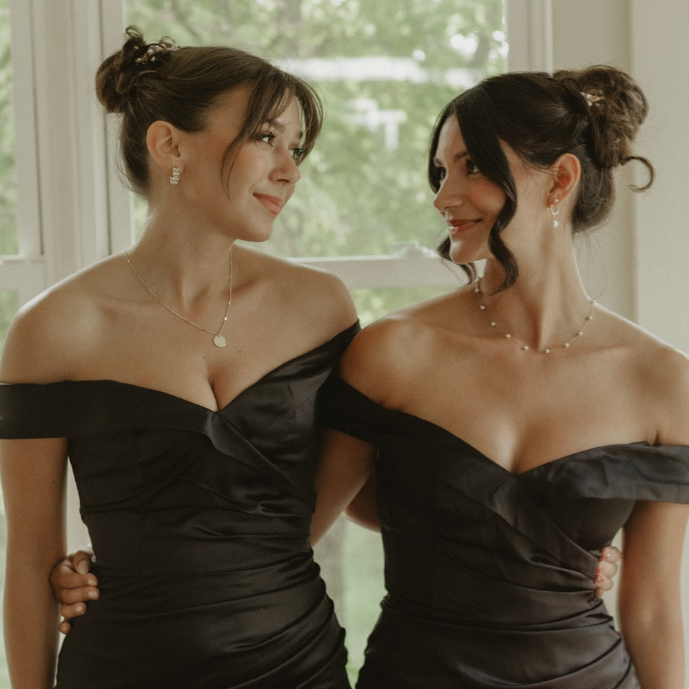 
                      
                        Off the Shoulder Black Ruched Satin Bridesmaid Dress
                      
                    