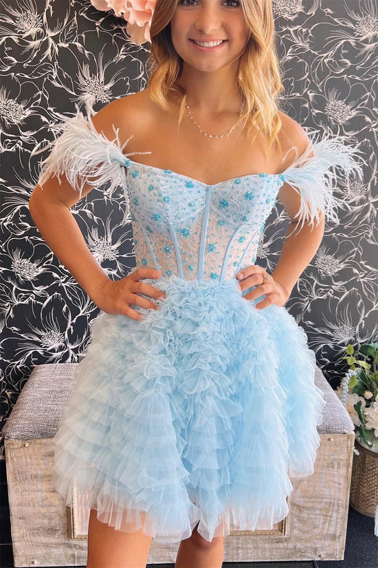 Blue Beaded One-Shoulder Mini length Slim-fit Short Retract Your Waist Cocktail Dress main image 1