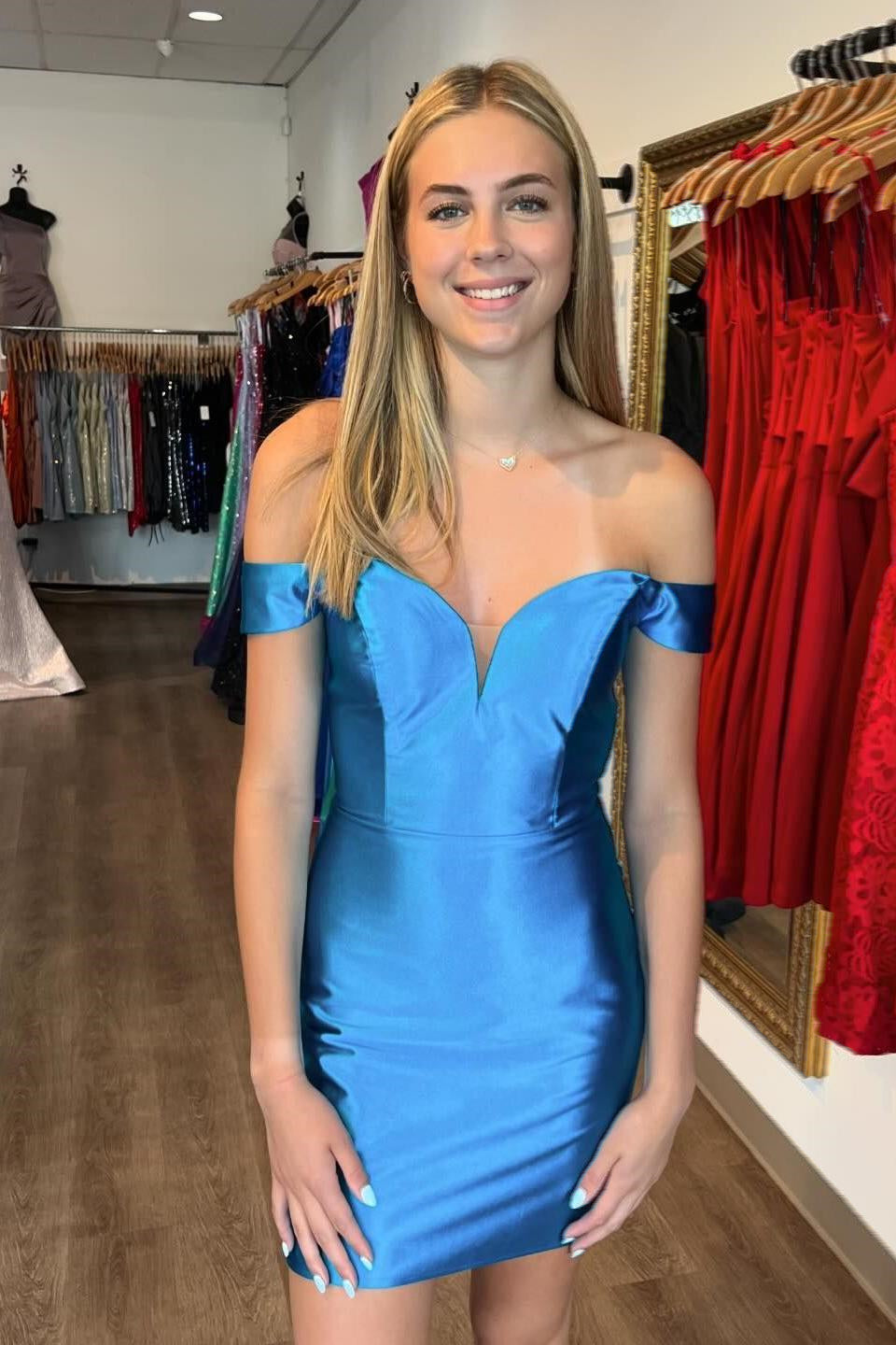 Off the Shoulder Blue Bodycon Satin Short Dress