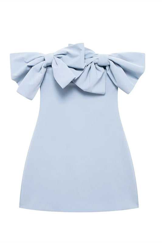 Off the Shoulder Blue Bow Front Short Dress