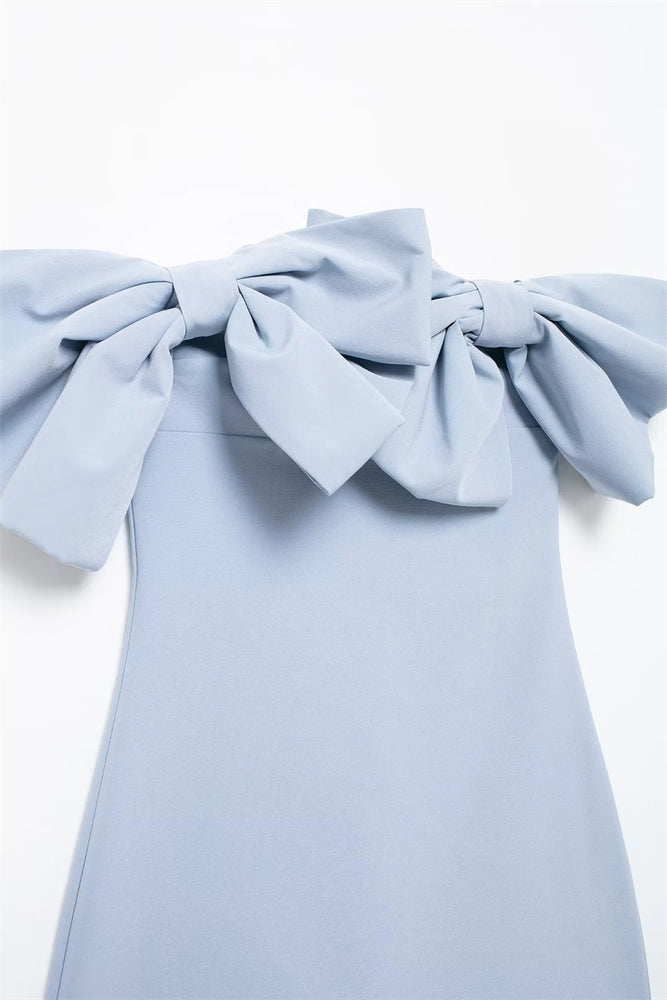 
                      
                        Off the Shoulder Blue Bow Front Short Dress
                      
                    