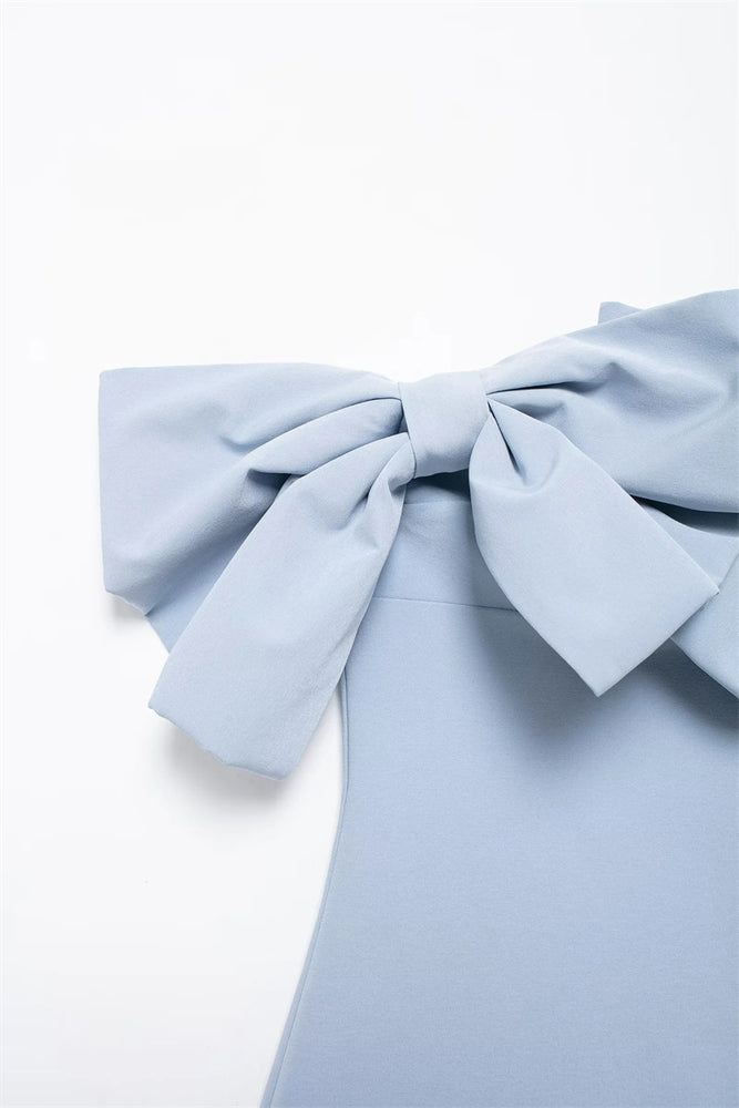 
                      
                        Off the Shoulder Blue Bow Front Short Dress
                      
                    