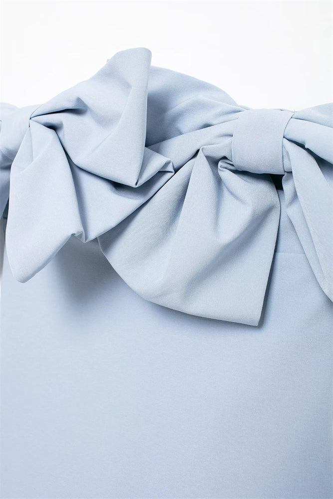 
                      
                        Off the Shoulder Blue Bow Front Short Dress
                      
                    