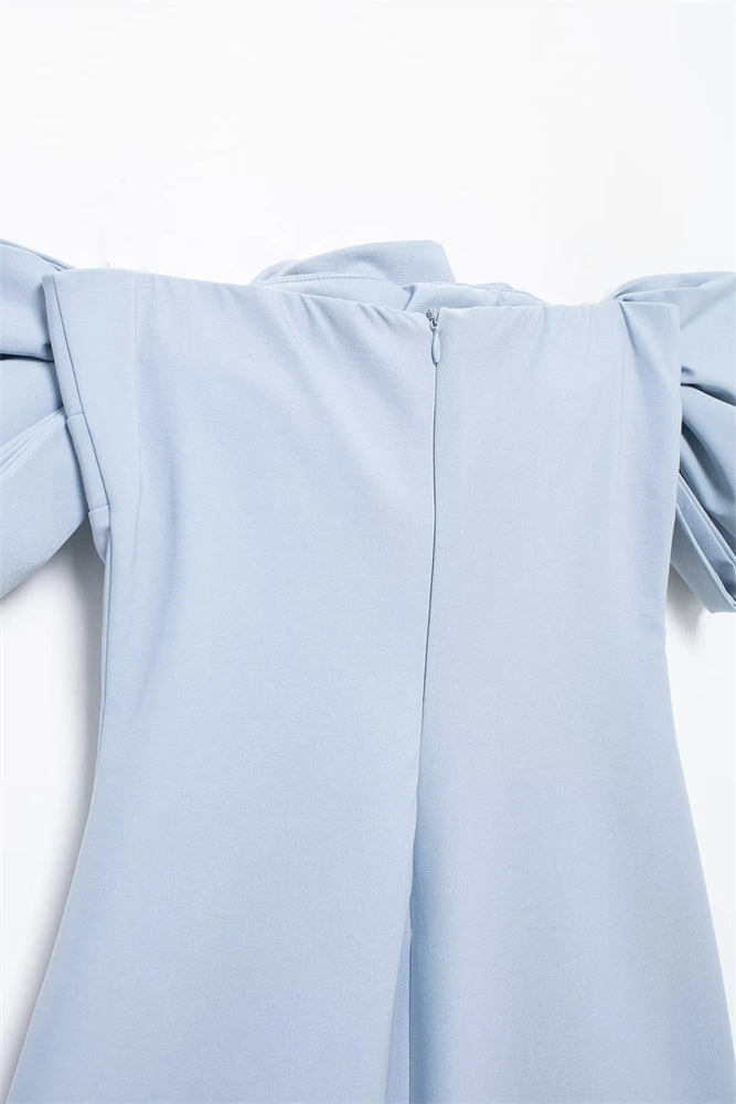 
                      
                        Off the Shoulder Blue Bow Front Short Dress
                      
                    