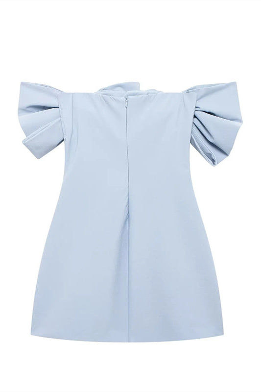 
                      
                        Off the Shoulder Blue Bow Front Short Dress
                      
                    