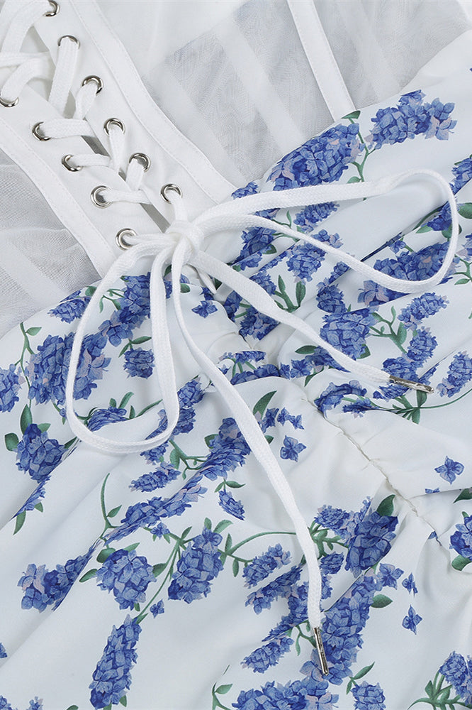 
                      
                        Off the Shoulder Blue Floral Print Bodycon Short Dress
                      
                    