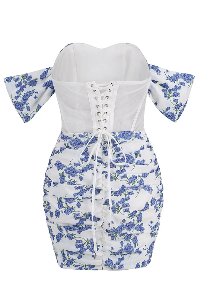 
                      
                        Off the Shoulder Blue Floral Print Bodycon Short Dress
                      
                    