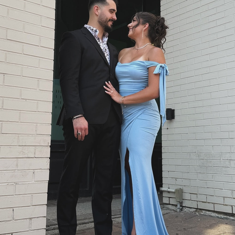 
                      
                        Off the Shoulder Blue Mermaid Long Dress with Slit
                      
                    