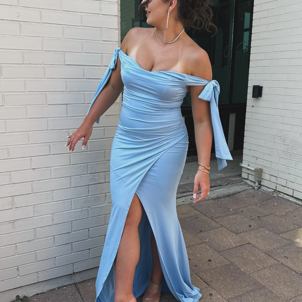 
                      
                        Off the Shoulder Blue Mermaid Long Dress with Slit
                      
                    