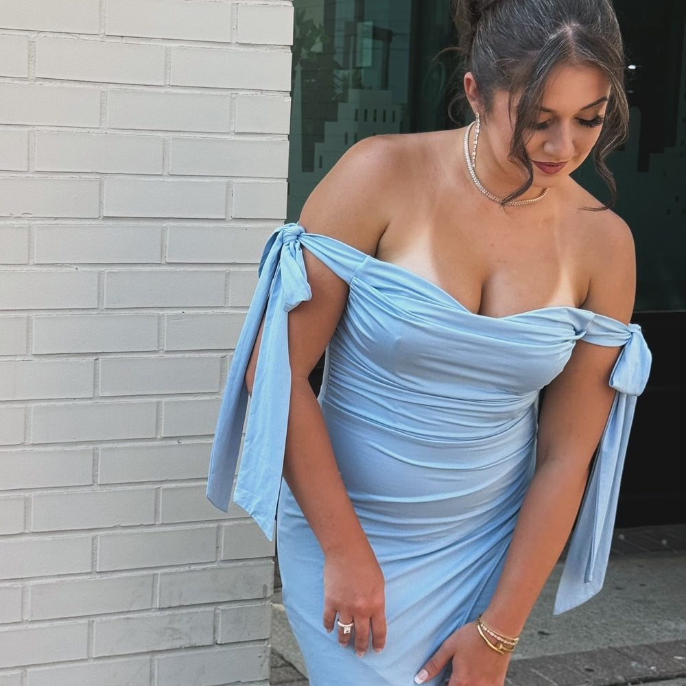 
                      
                        Off the Shoulder Blue Mermaid Long Dress with Slit
                      
                    