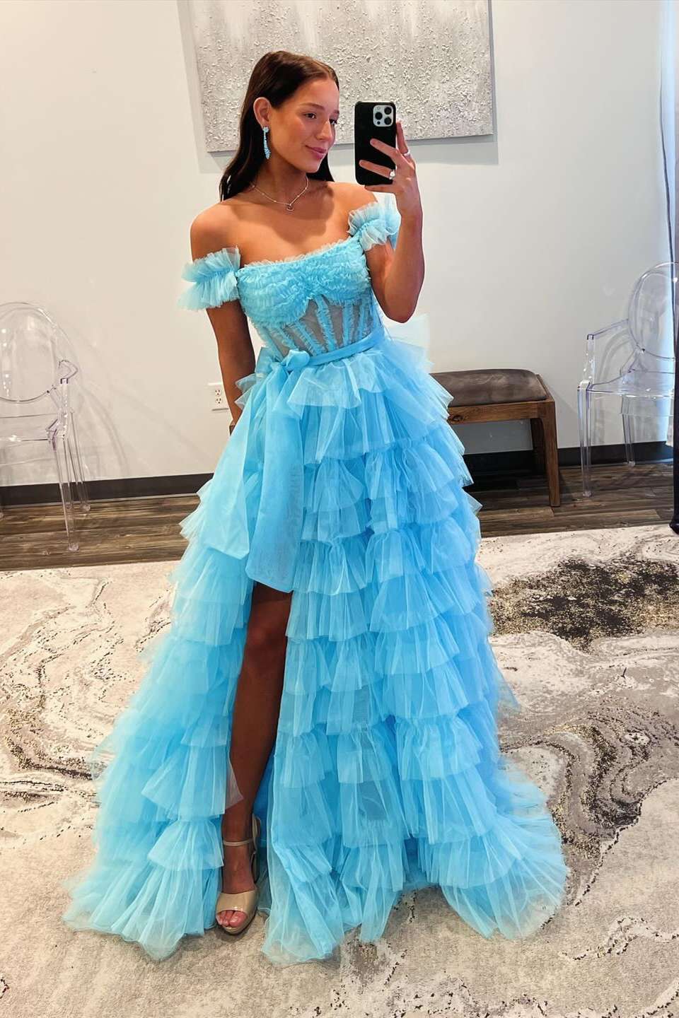 Off the Shoulder Blue Tiered Long Dress with Belt