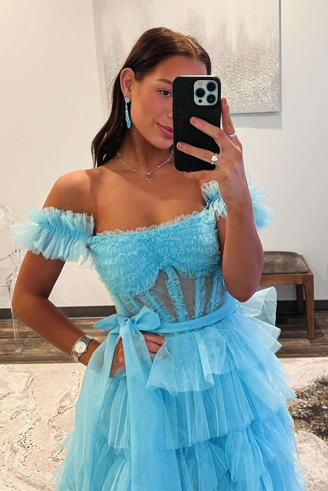 
                      
                        Off the Shoulder Blue Tiered Long Dress with Belt
                      
                    