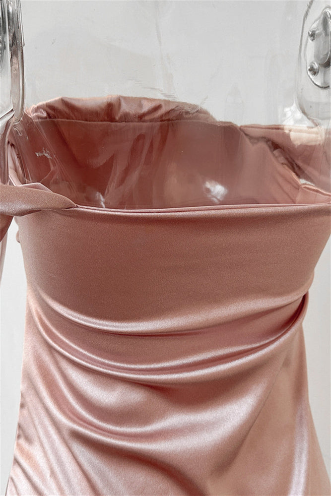 
                      
                        Off the Shoulder Blush Pink Ruched Party Dress
                      
                    