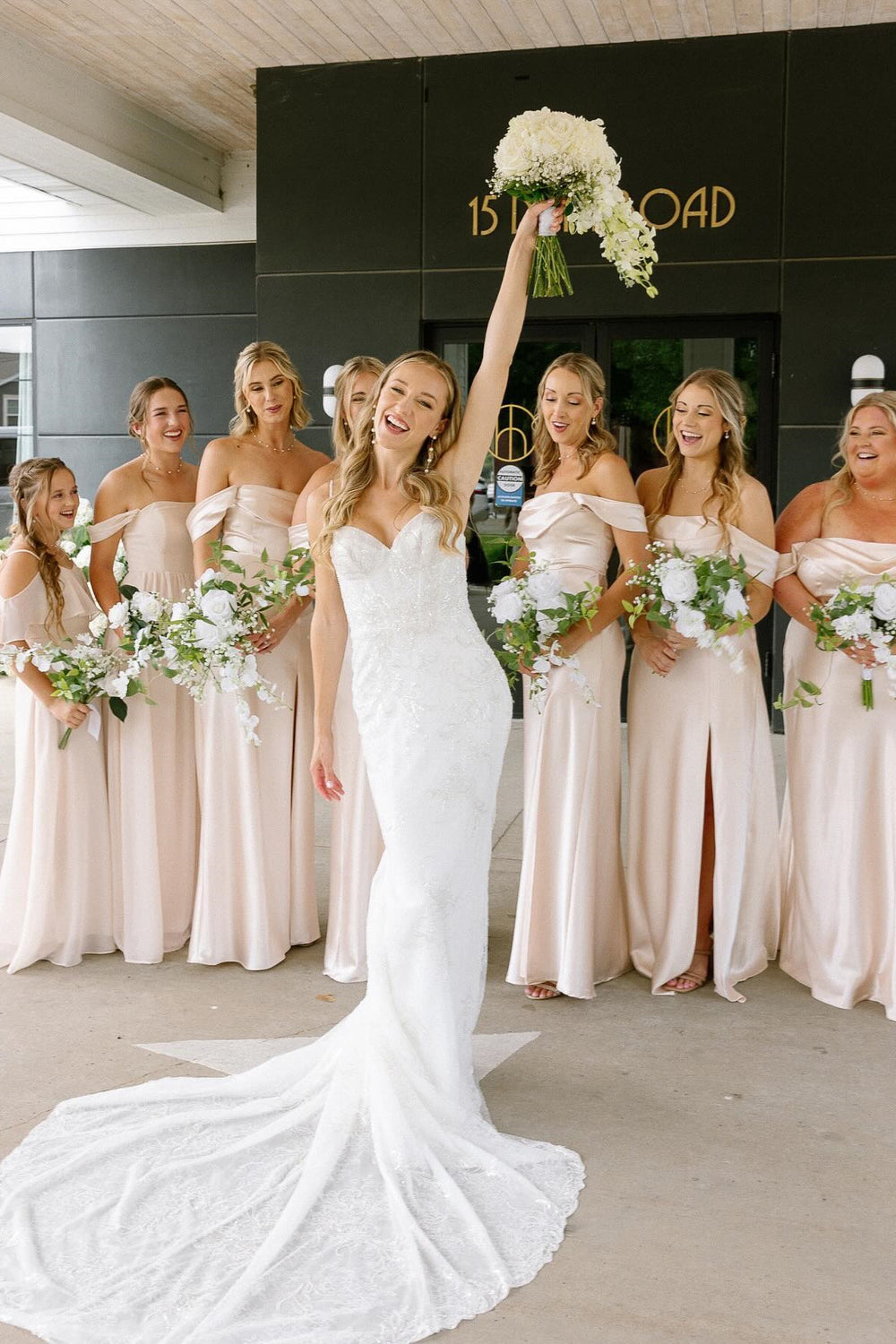 Off the Shoulder Champagne Bridesmaid Dress with Slit