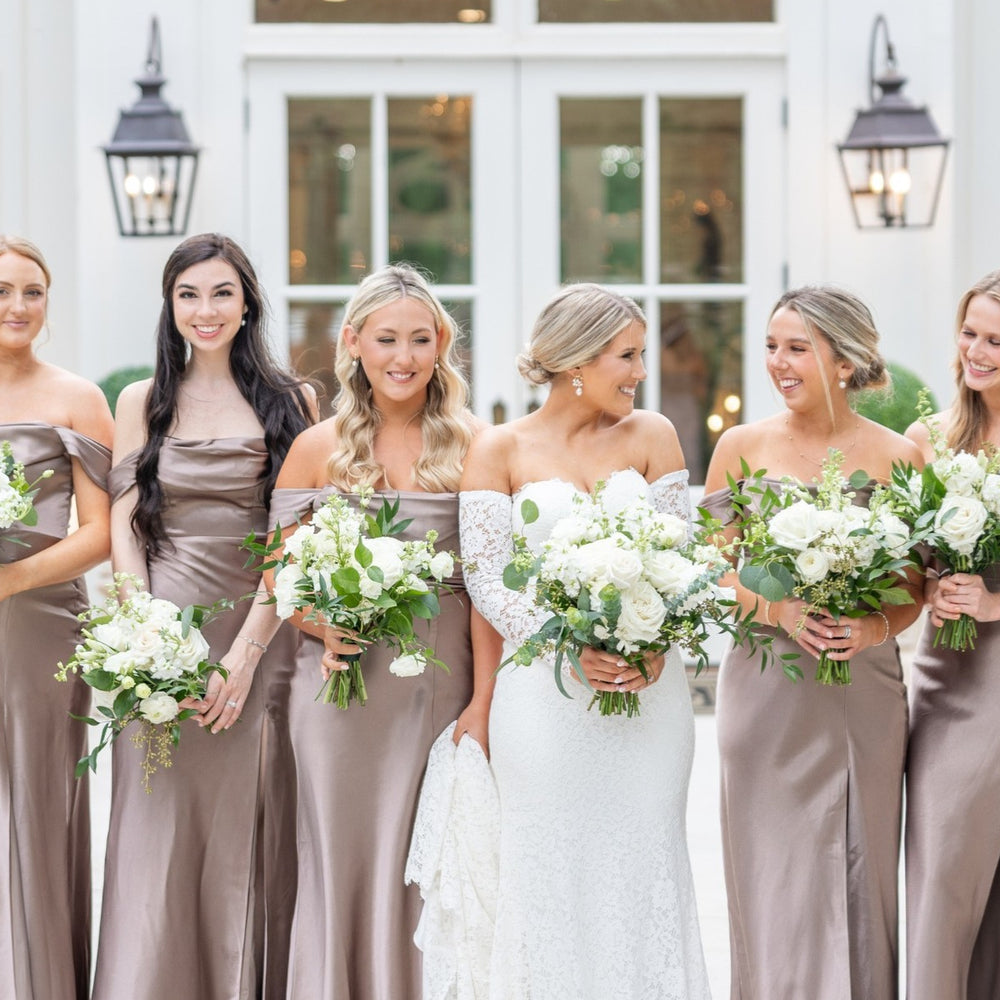 
                      
                        Off the Shoulder Champagne Bridesmaid Dress with Slit
                      
                    