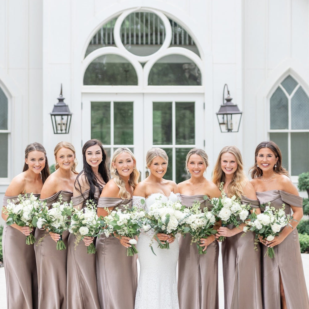 
                      
                        Off the Shoulder Champagne Bridesmaid Dress with Slit
                      
                    