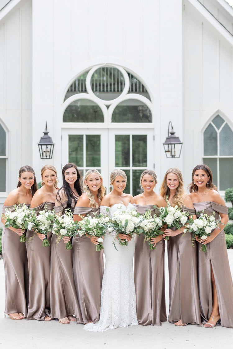 Chiffon Bottom Lace Top Bridesmaid Dress with Slit Champagne