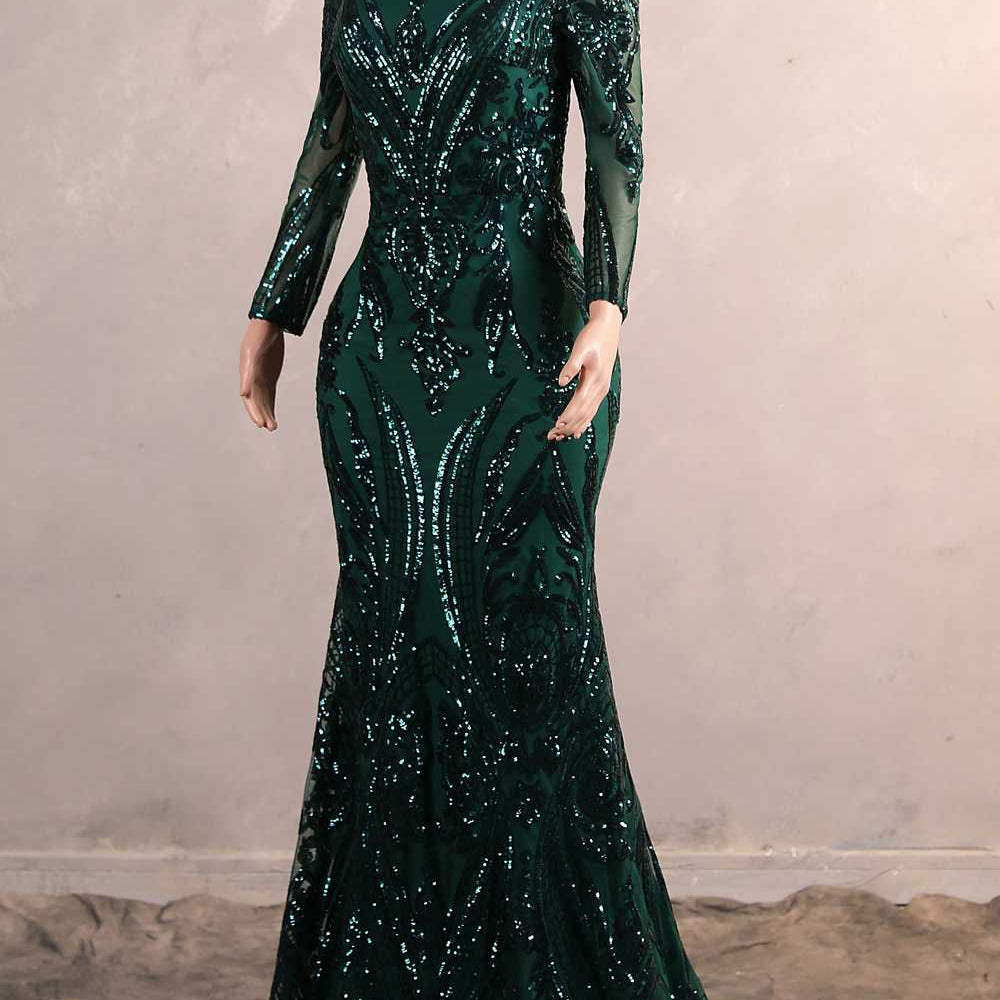 
                      
                        Off the Shoulder Dark Green Sequin Long Dress
                      
                    