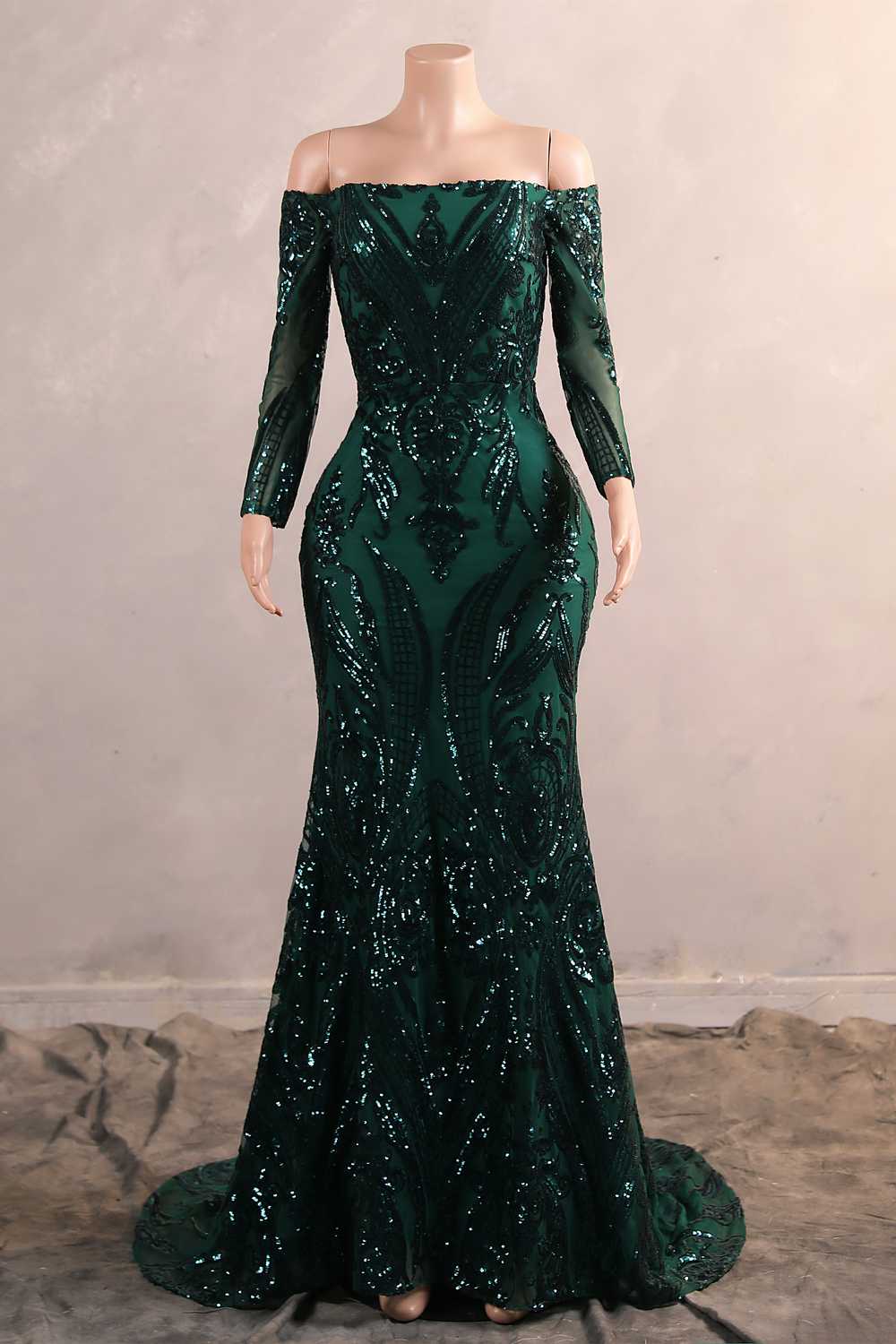 Off the Shoulder Dark Green Sequin Long Dress