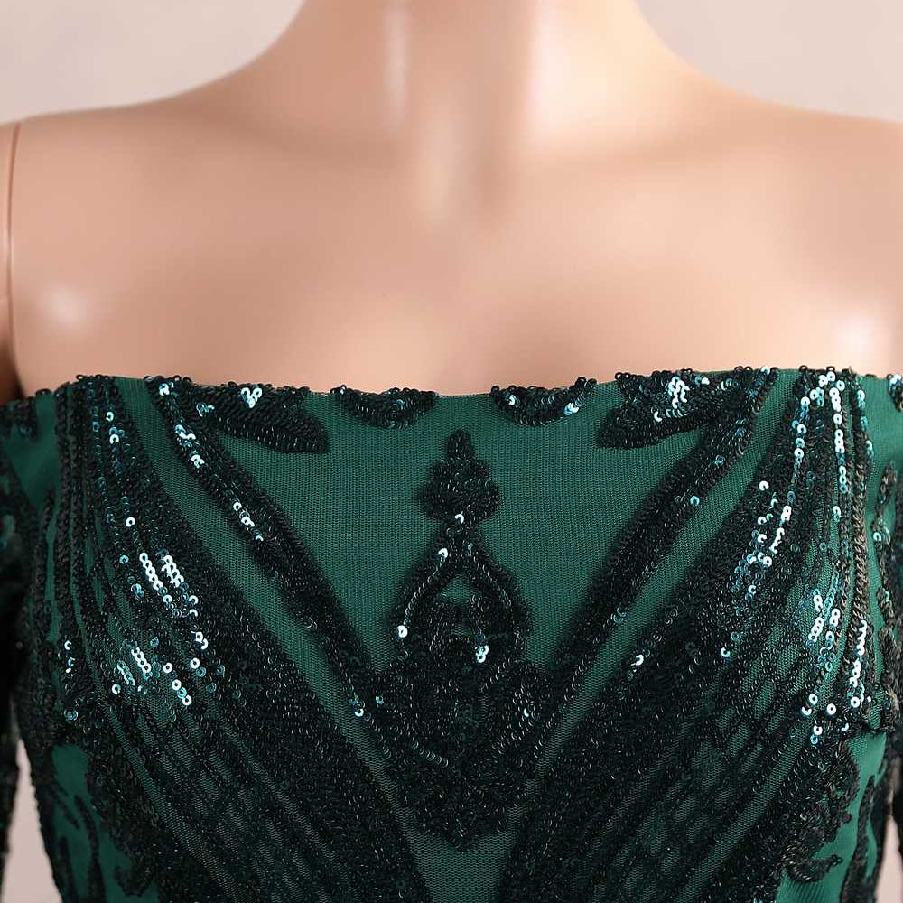 
                      
                        Off the Shoulder Dark Green Sequin Long Dress
                      
                    