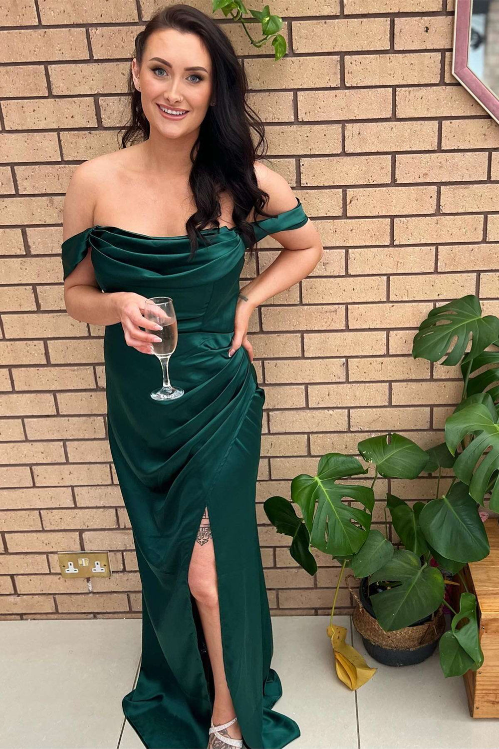 Off the Shoulder Emerald Green Long Dress with Slit