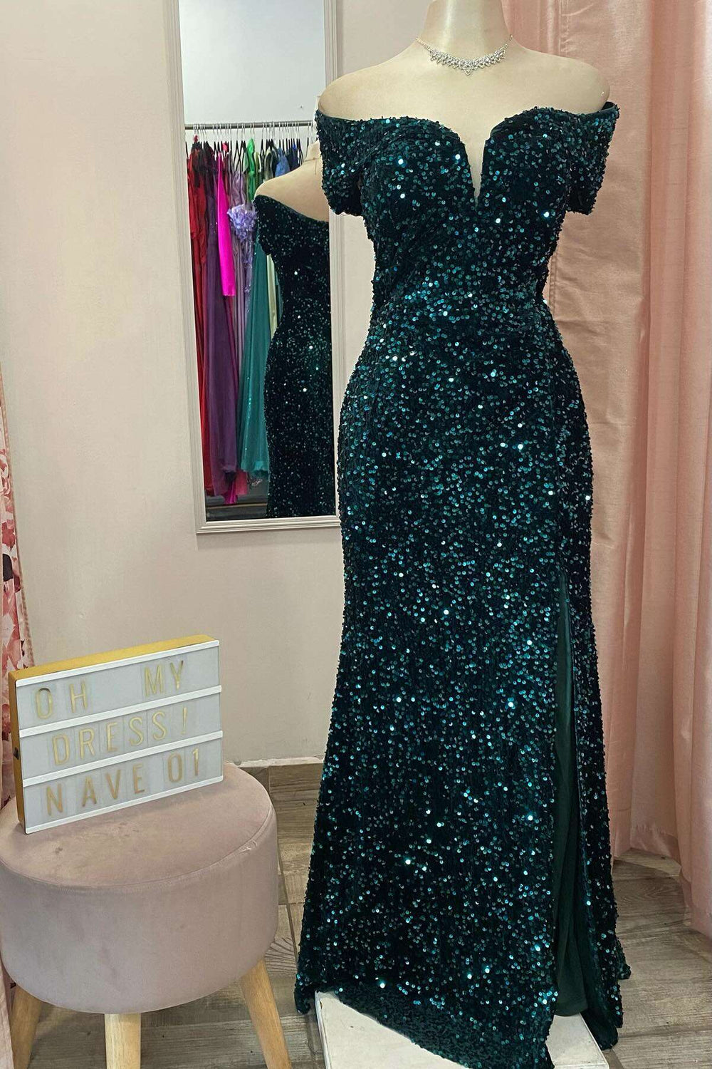 Off the Shoulder Emerald Green Sequin Long Dress