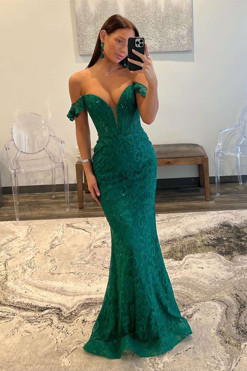 Off the Shoulder Emerald Lace Mermaid Long Dress